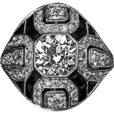 Art Deco Vintage Diamond Onyx Platinum Ring - image 1