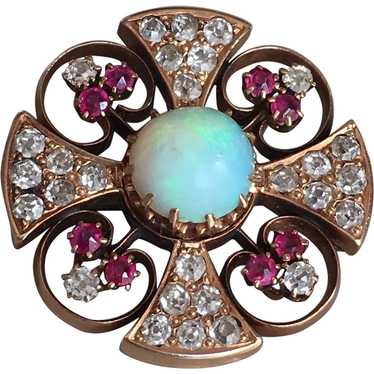 Victorian Rose Gold Diamond Opal Ruby Pendant-Bro… - image 1