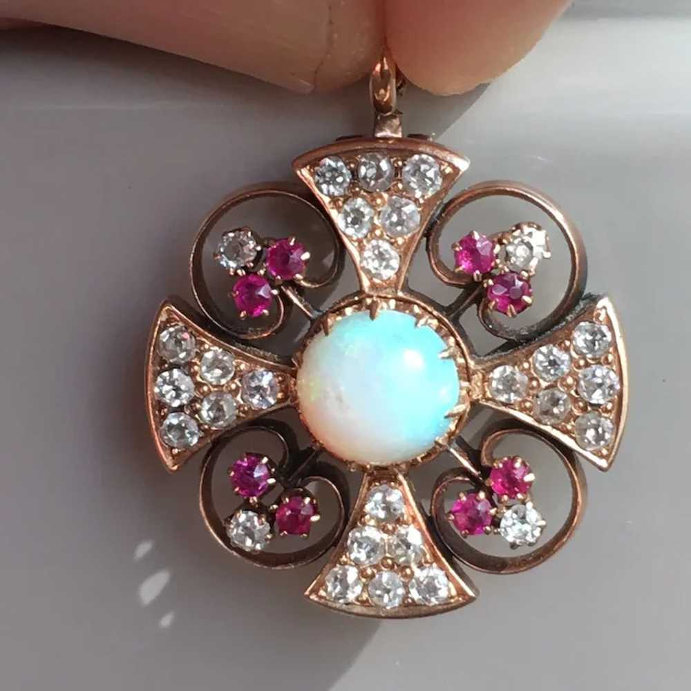 Victorian Rose Gold Diamond Opal Ruby Pendant-Bro… - image 2
