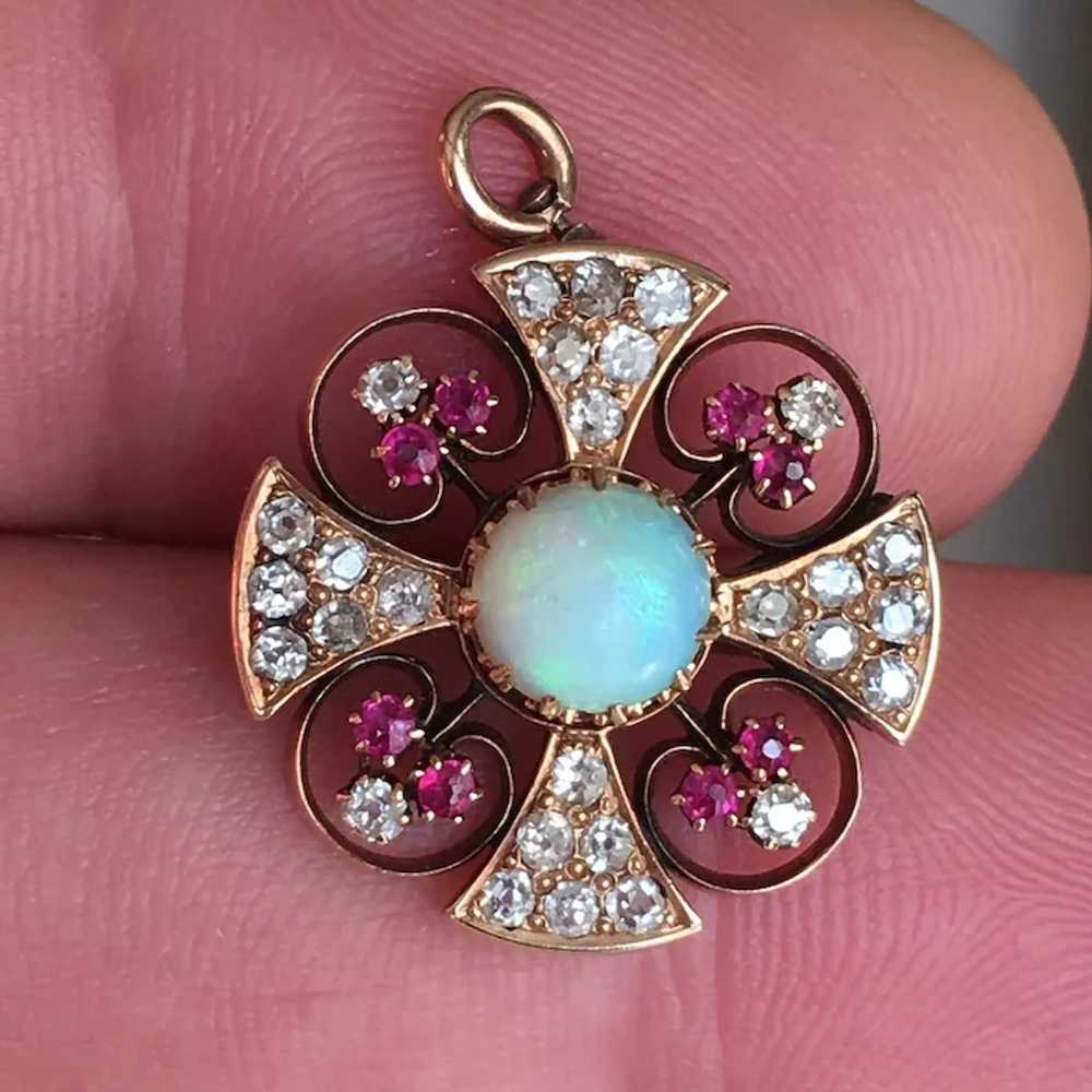 Victorian Rose Gold Diamond Opal Ruby Pendant-Bro… - image 4