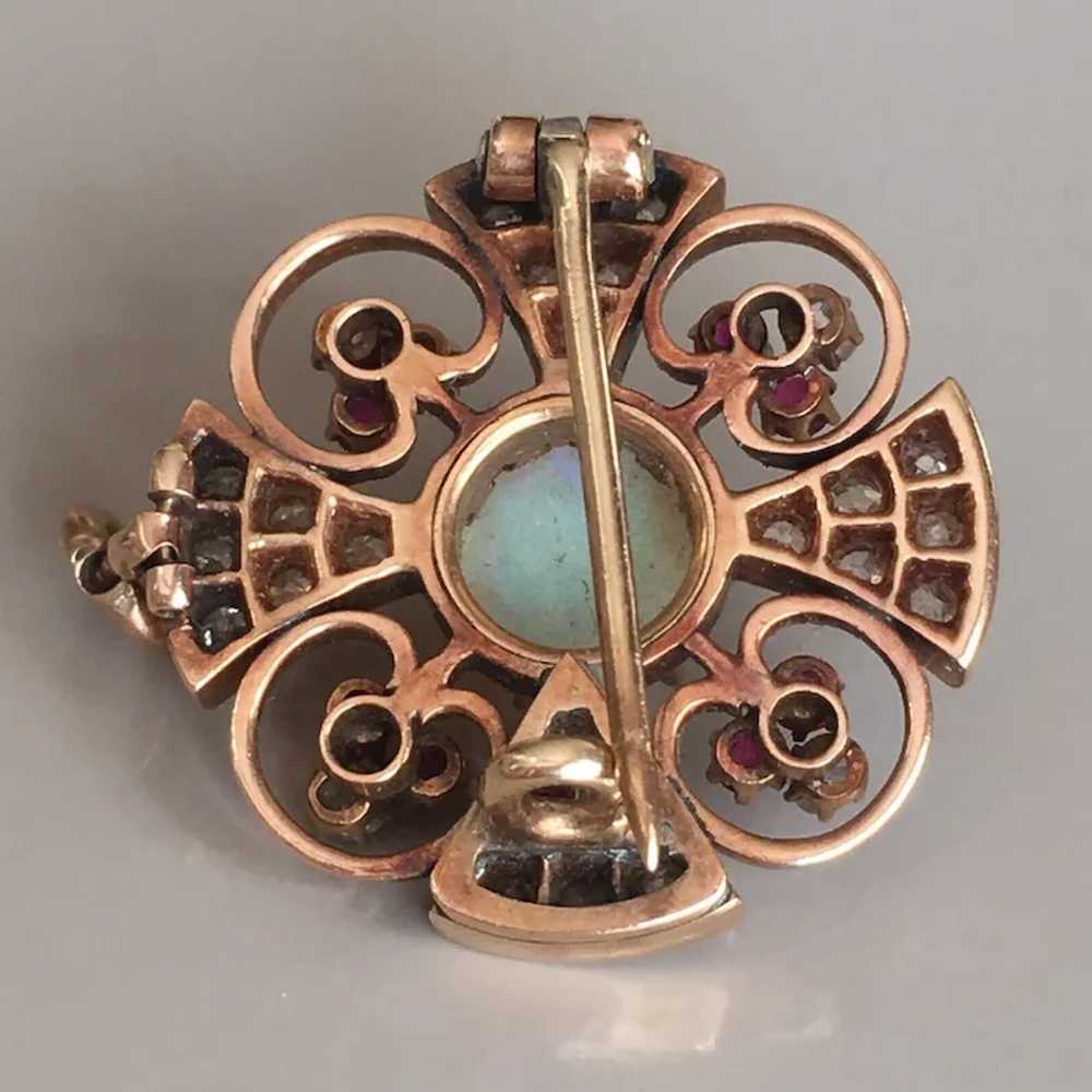 Victorian Rose Gold Diamond Opal Ruby Pendant-Bro… - image 5