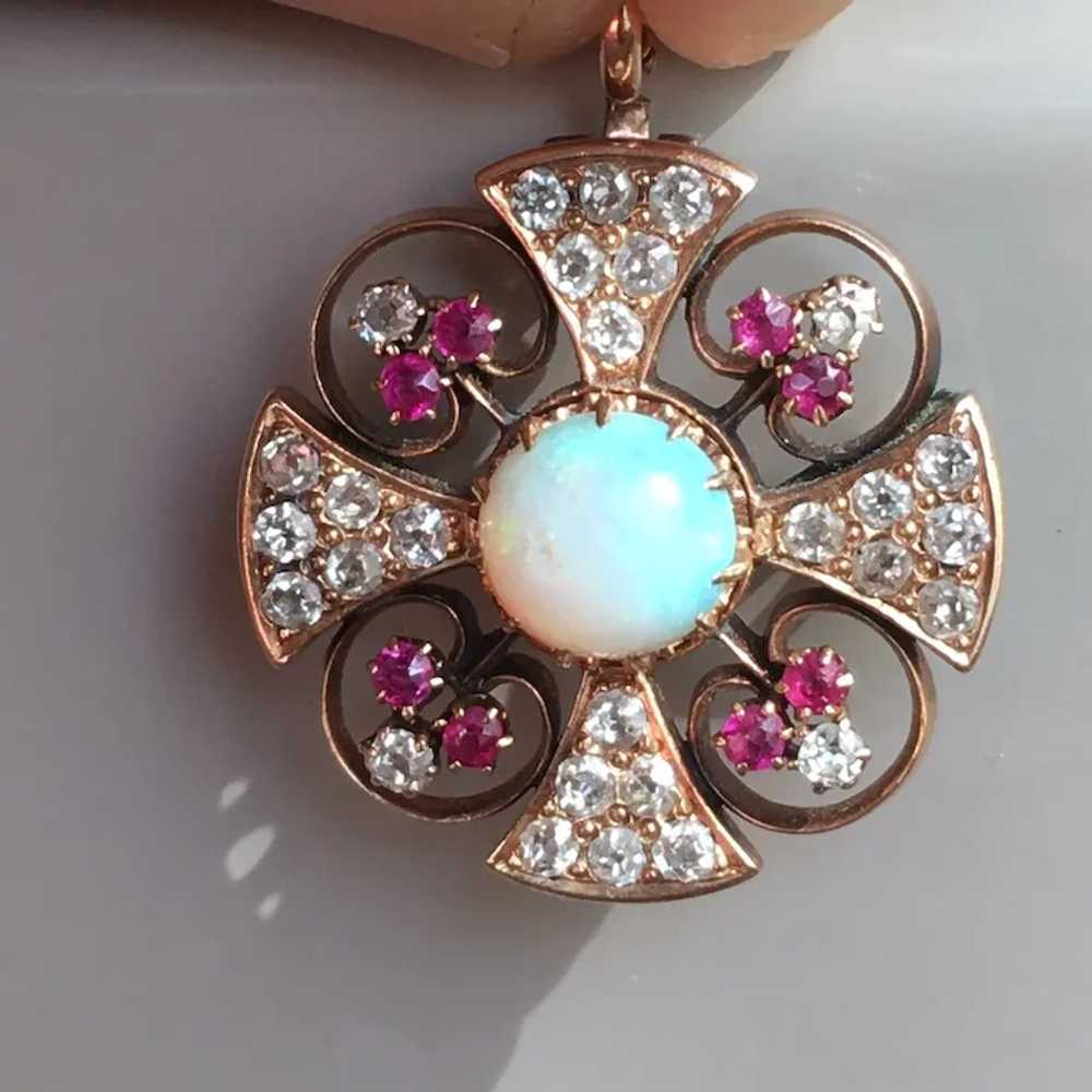 Victorian Rose Gold Diamond Opal Ruby Pendant-Bro… - image 6
