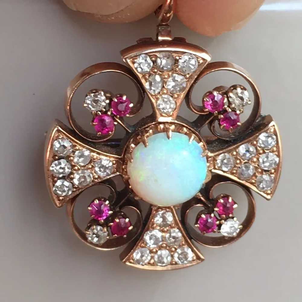 Victorian Rose Gold Diamond Opal Ruby Pendant-Bro… - image 7