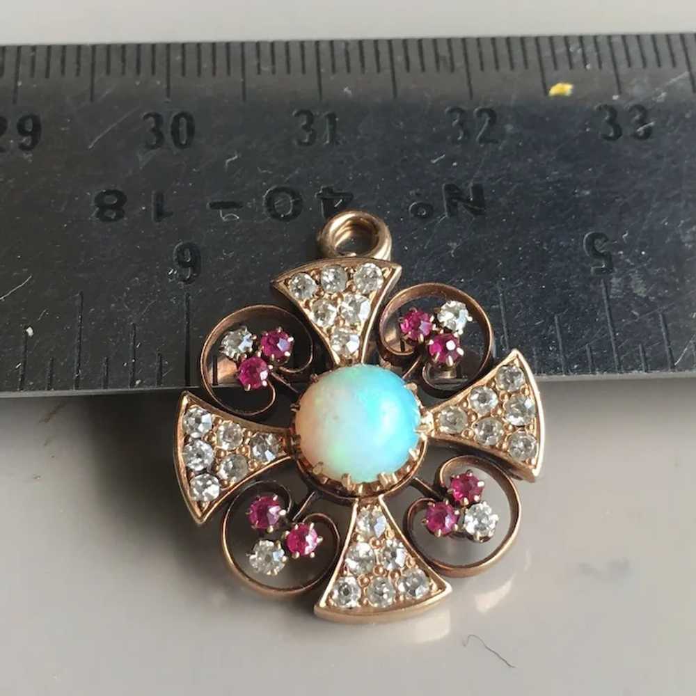 Victorian Rose Gold Diamond Opal Ruby Pendant-Bro… - image 8