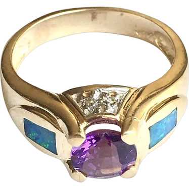 14k Yellow Gold Round Faceted Amethyst, Opal Inlay