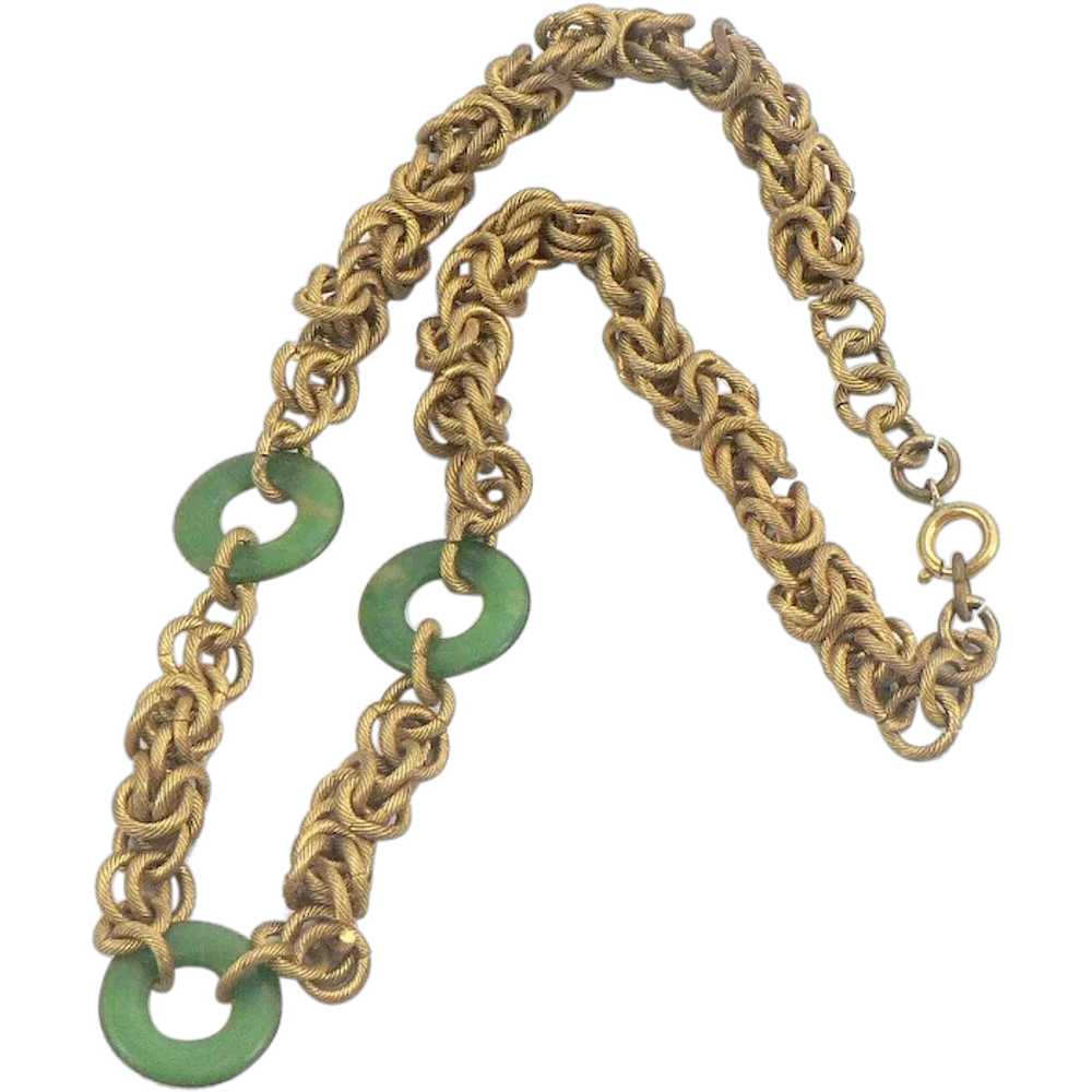 Golden Byzantine Chain Necklace with Green Discs - image 1