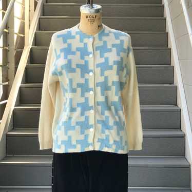 1960s Powder Blue and Cream Cashmere Cardigan Mad… - image 1