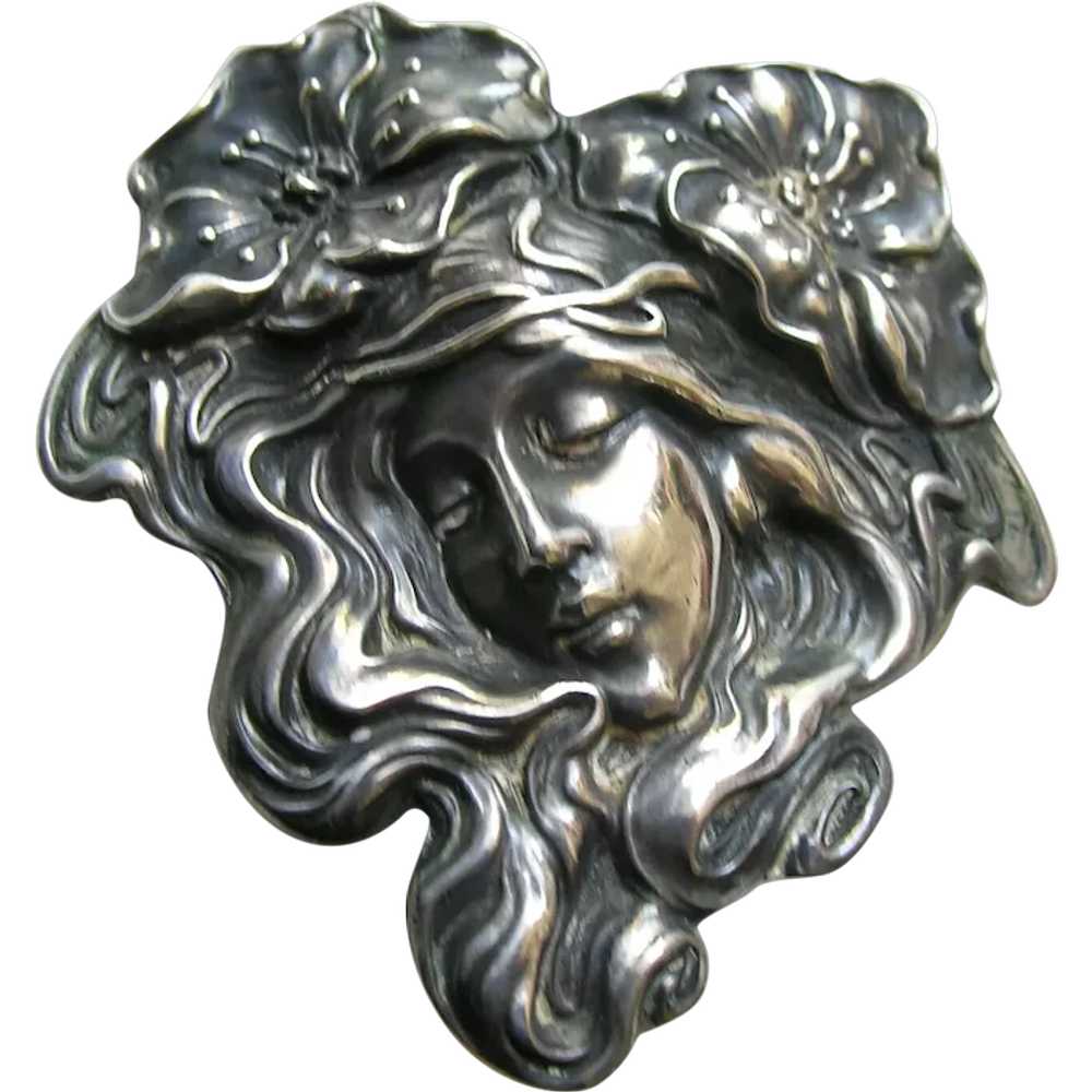 Unger Art Nouveau Lady and Poppies Sterling Brooch - image 1