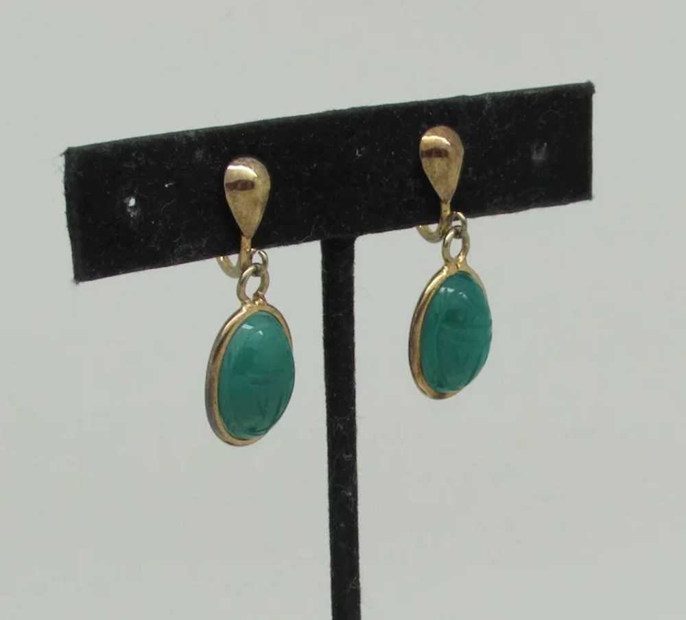 12k Gold Filled Imitation Jade Scarab Earrings - image 2