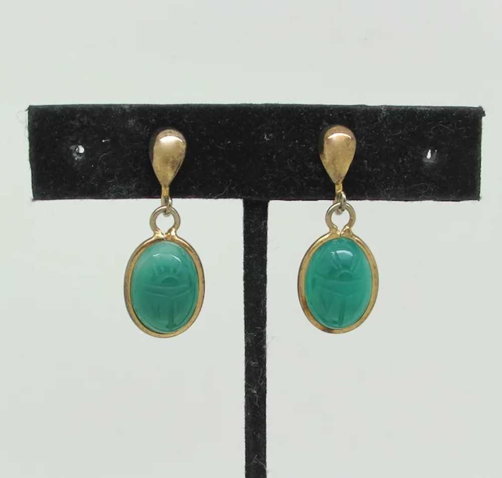 12k Gold Filled Imitation Jade Scarab Earrings - image 3