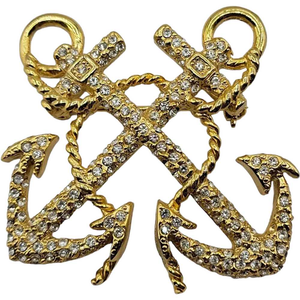 Carolee Gold-Tone Clear Rhinestone Crossed Anchor… - image 1