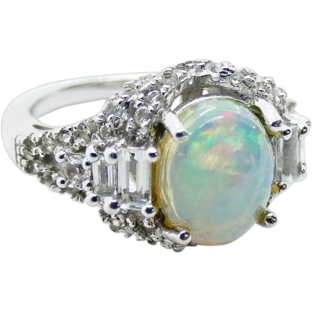 Vintage Sterling Silver Opal and White Topaz Ring - image 1
