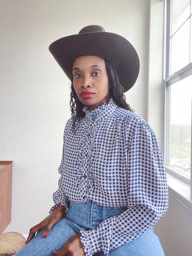 Vintage Ruffle Chiffon Blue Check Blouse