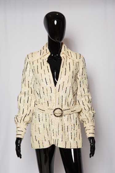 Saks Fifth Avenue Ivory Sequin Zipper Shirt