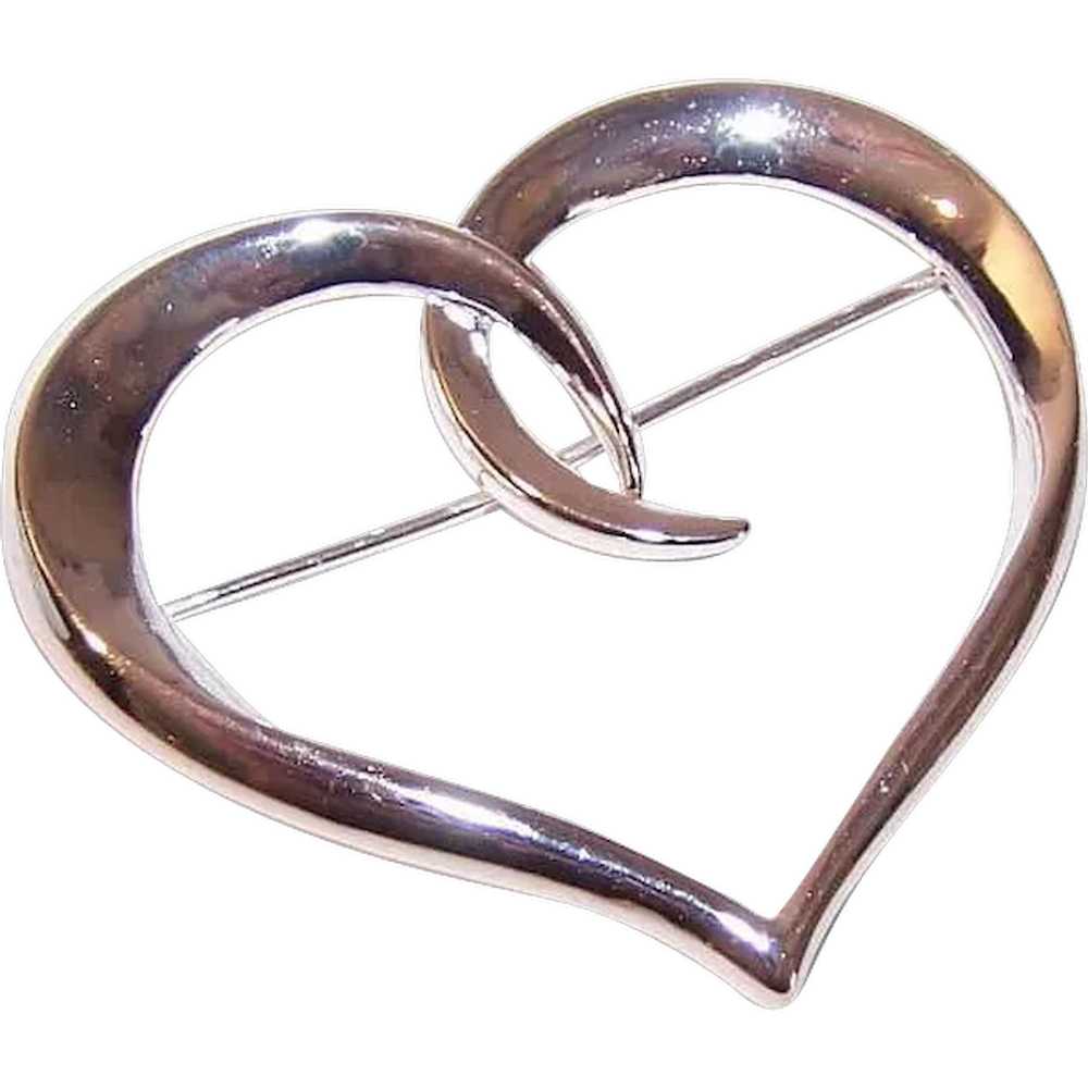 Sterling Silver Pin Brooch - Stylized Open Heart … - image 1