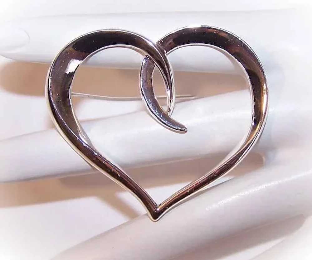 Sterling Silver Pin Brooch - Stylized Open Heart … - image 2