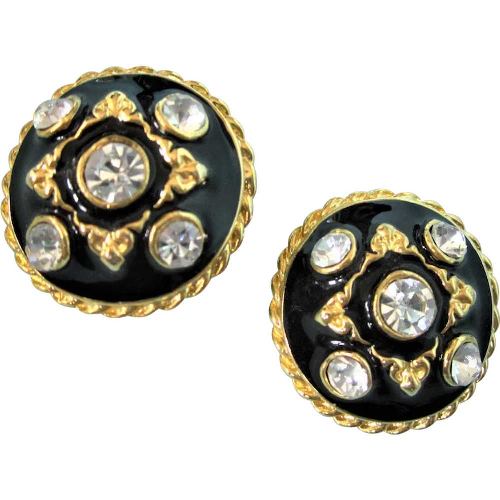 1980's Runway Black Enamel Goldtone Clip Earrings… - image 1