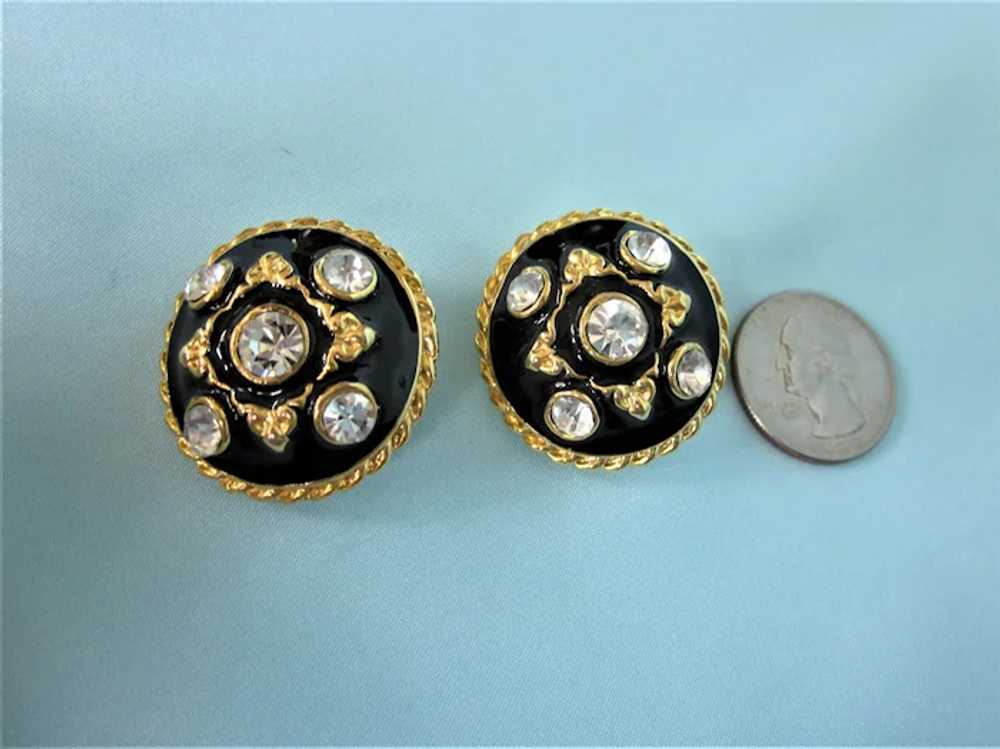 1980's Runway Black Enamel Goldtone Clip Earrings… - image 2