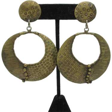 Embossed Modernist Pendulum Style Brass Earrings - image 1