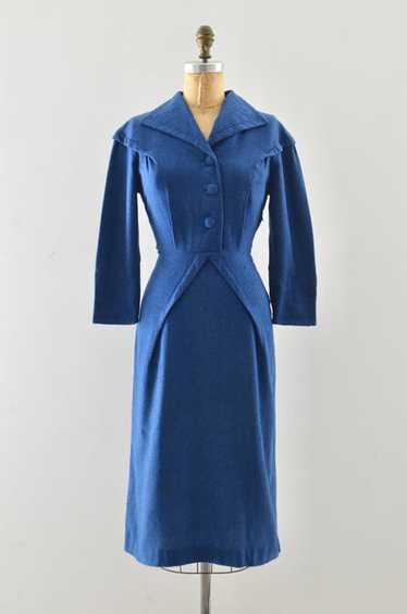 50's Blue Wool Wiggle Dress / S M - image 1