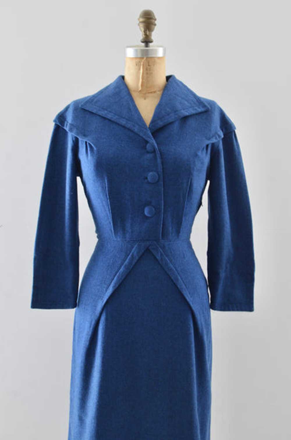 50's Blue Wool Wiggle Dress / S M - image 3