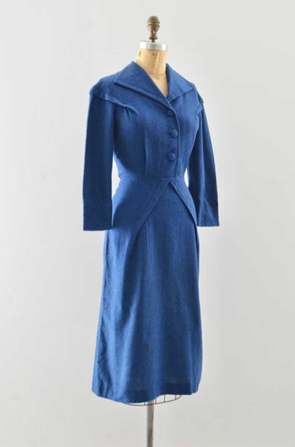 50's Blue Wool Wiggle Dress / S M - image 5