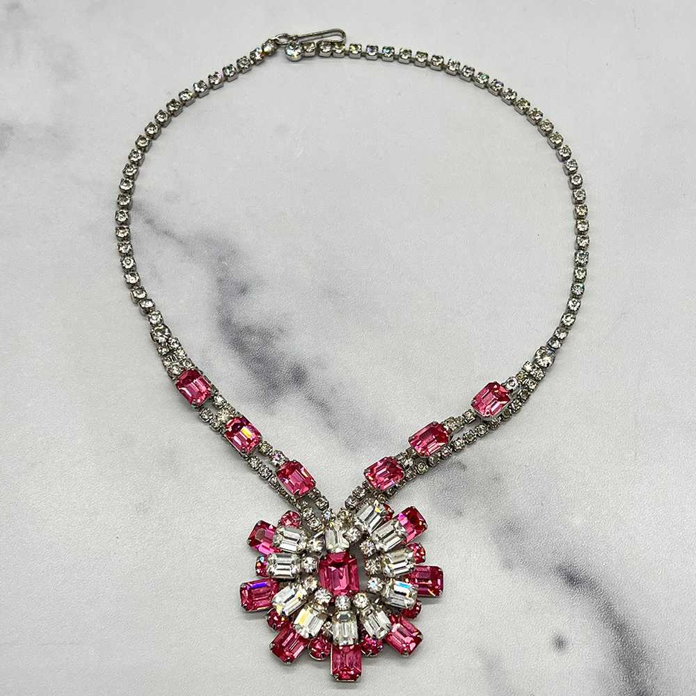Coro Emerald-cut Pink Rhinestone Necklace - image 3