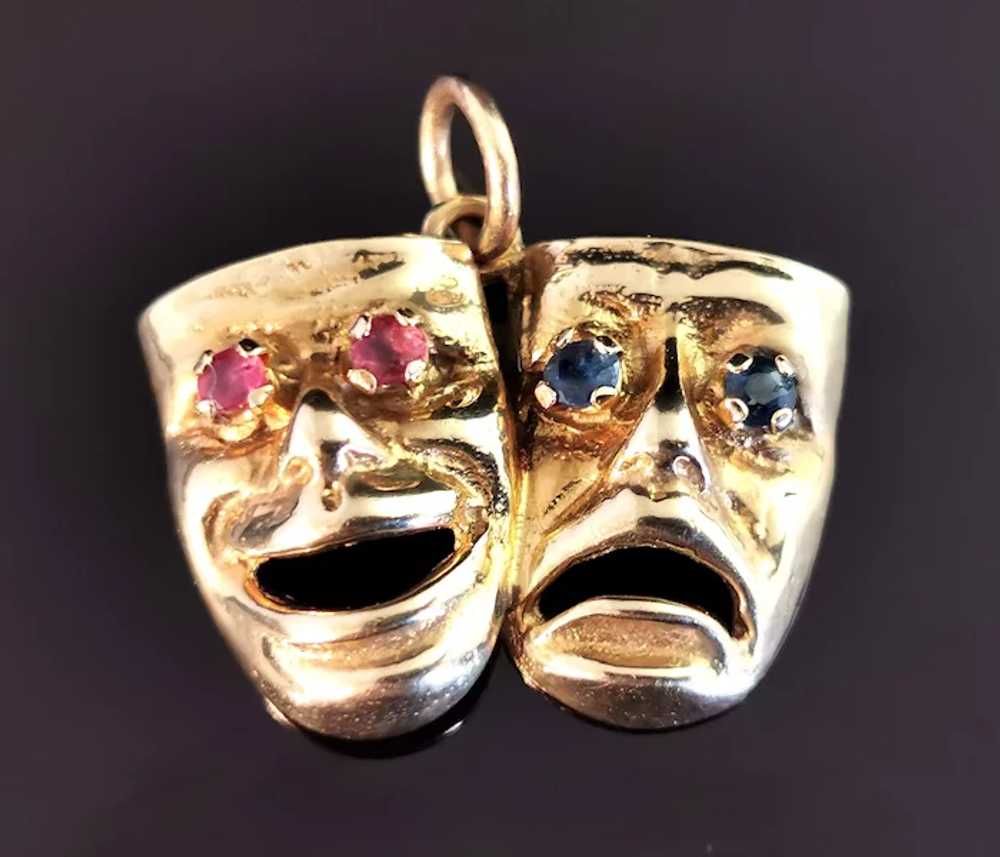 Vintage 9k gold Comedy and Tragedy pendant, Ruby … - image 12