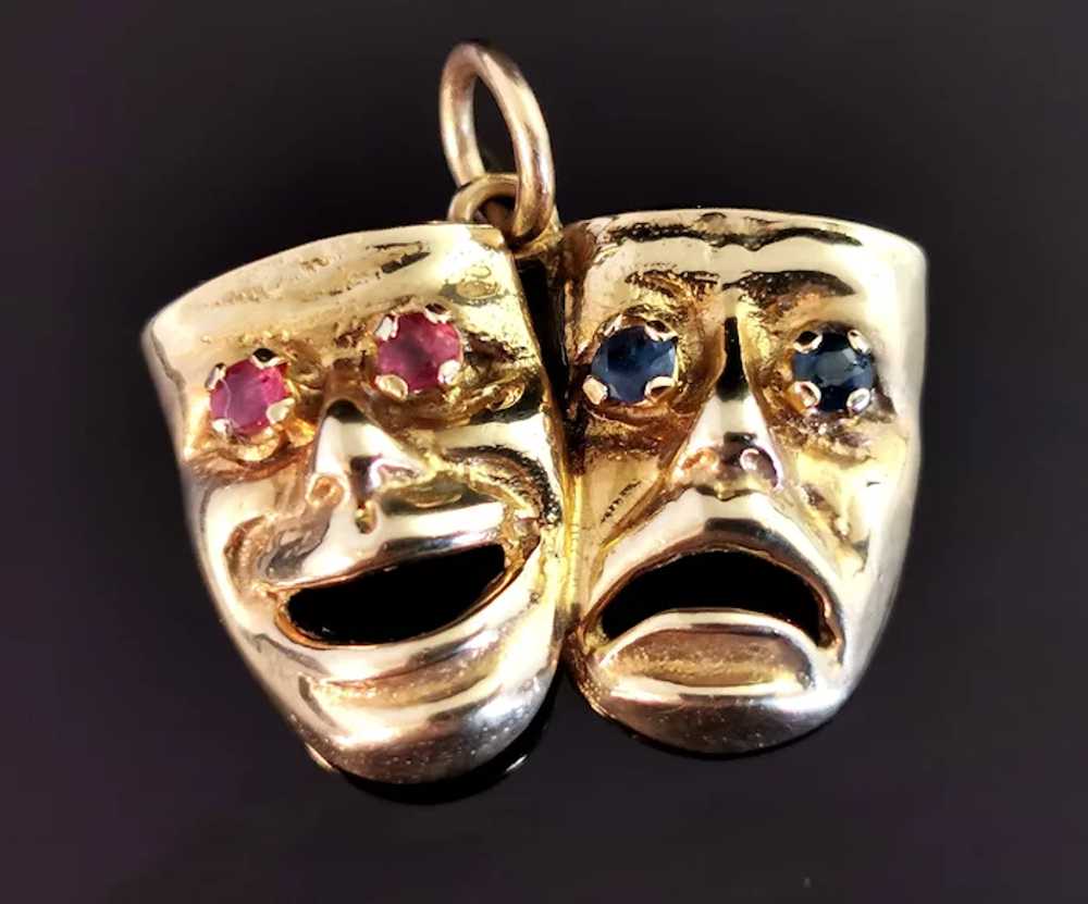 Vintage 9k gold Comedy and Tragedy pendant, Ruby … - image 2
