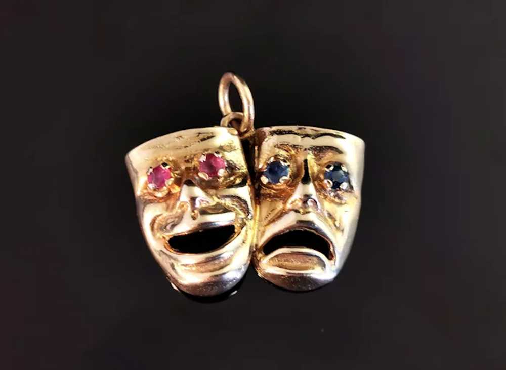 Vintage 9k gold Comedy and Tragedy pendant, Ruby … - image 3