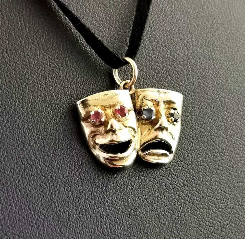 Vintage 9k gold Comedy and Tragedy pendant, Ruby … - image 7