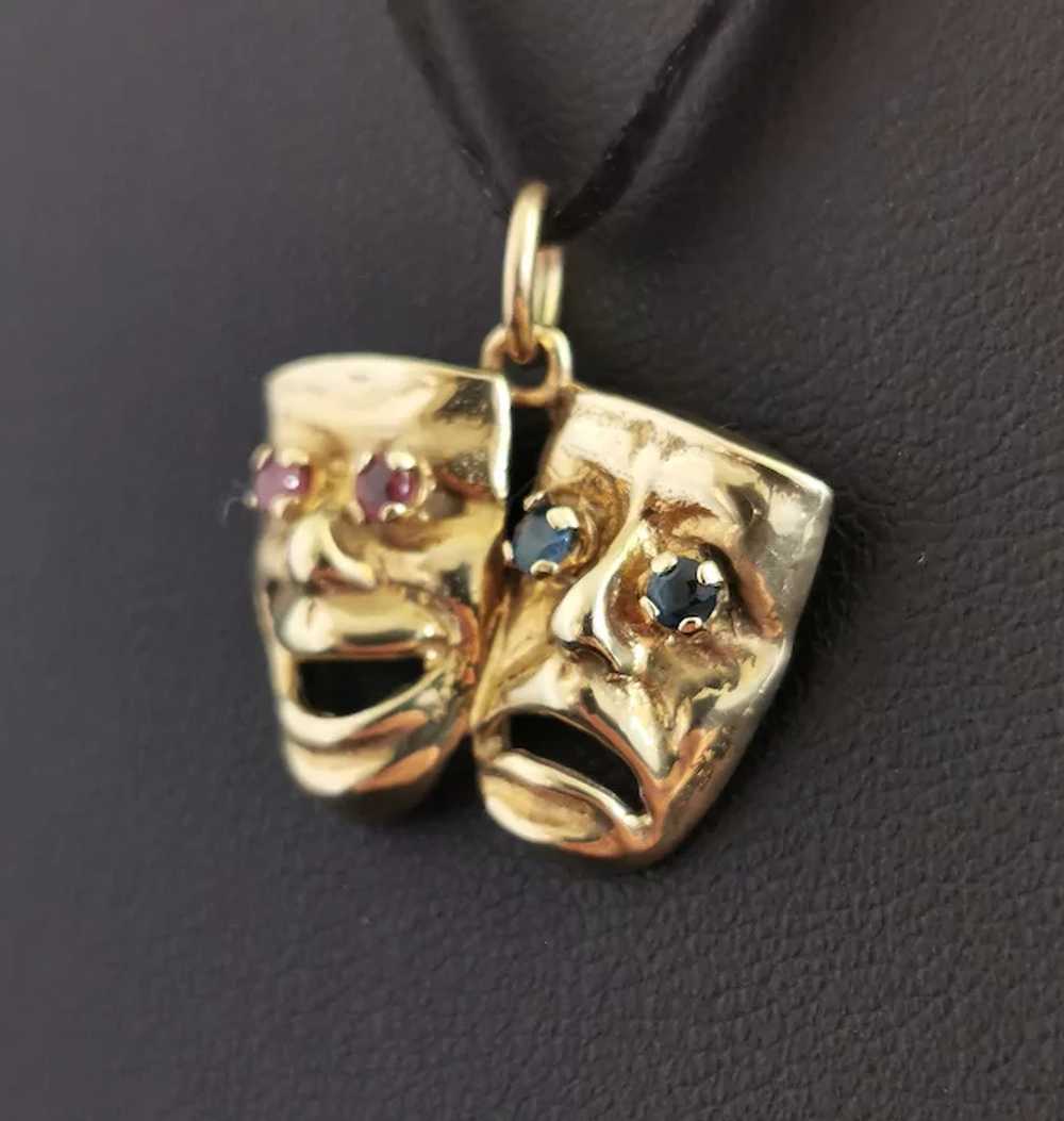 Vintage 9k gold Comedy and Tragedy pendant, Ruby … - image 8