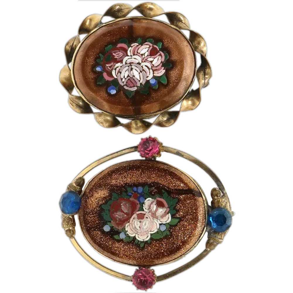 Two Italian Goldstone Micro Mosaic Floral Oval Br… - image 1