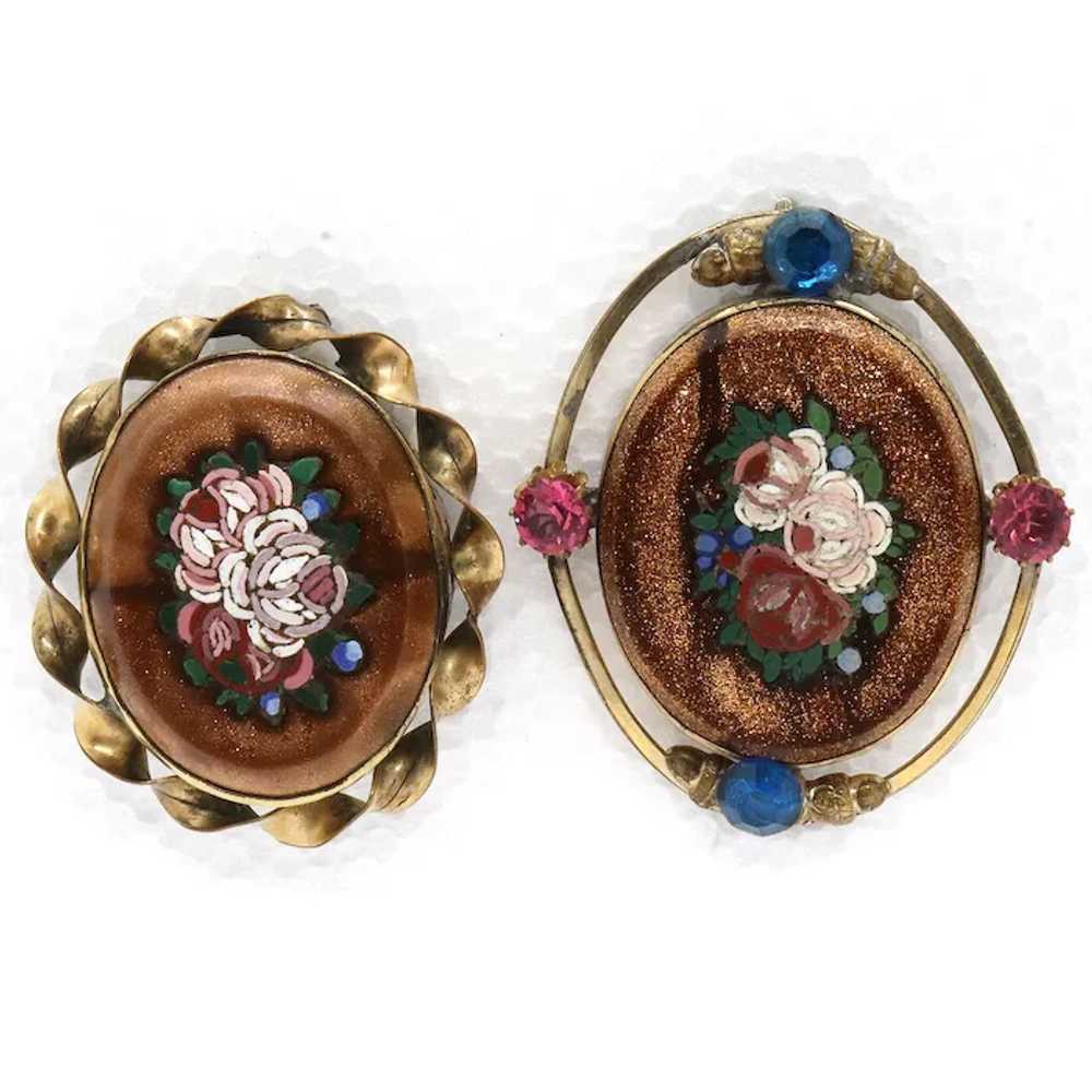 Two Italian Goldstone Micro Mosaic Floral Oval Br… - image 2