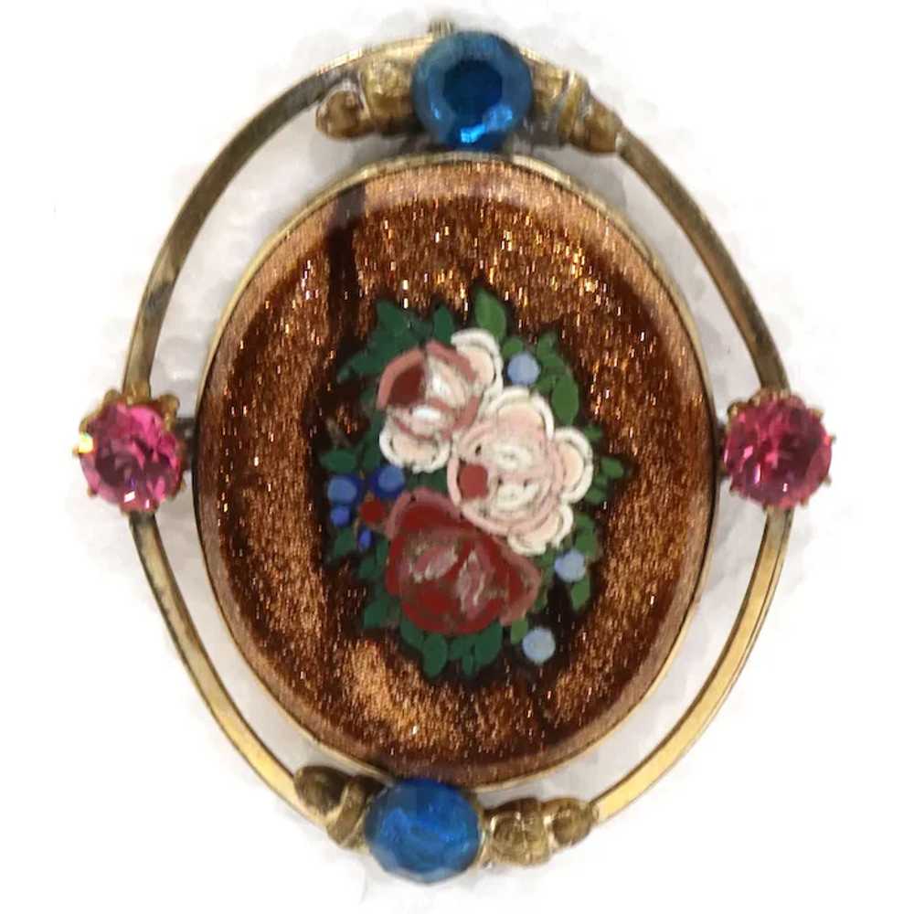 Two Italian Goldstone Micro Mosaic Floral Oval Br… - image 3
