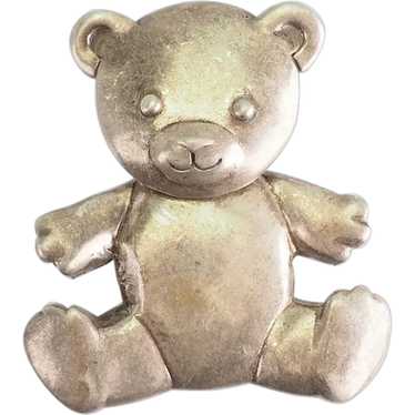 Vintage Napier Gold Tone Jointed Teddy Bear Brooch with Green Gemstone Eyes  1.5”