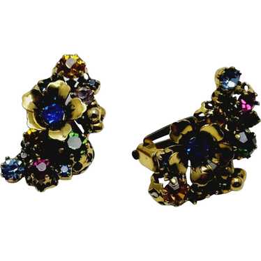 Vintage Signed Austria Floral Jeweled Clip Earring