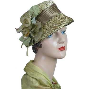 60s Green Raffia Straw Bucket Hat w/ Silk Rose