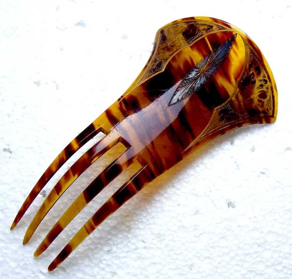 Late Victorian hair comb faux shell etched hair a… - image 11