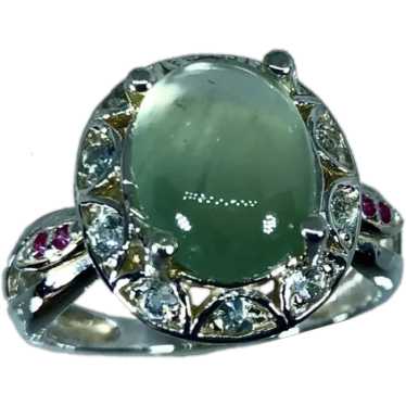 14k Green Prehnite, aquamarine & Ruby Ring, free … - image 1