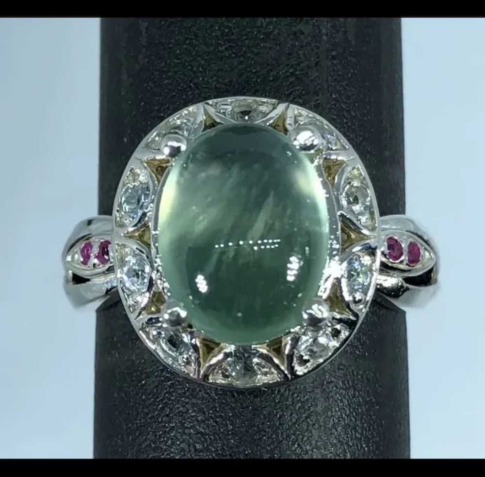 14k Green Prehnite, aquamarine & Ruby Ring, free … - image 3