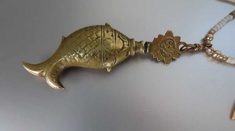 Vintage Long Necklace Fish Brass Fish Perfume - image 6