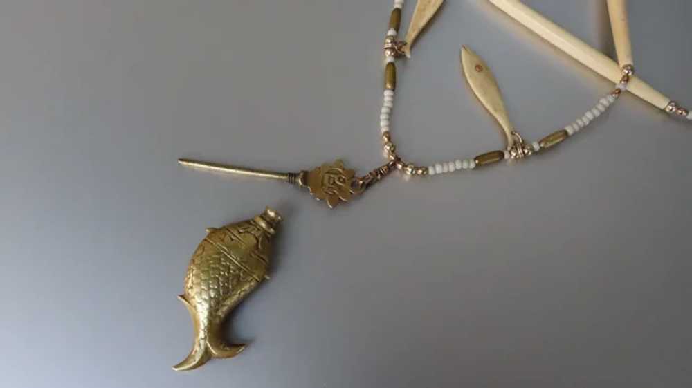 Vintage Long Necklace Fish Brass Fish Perfume - image 8