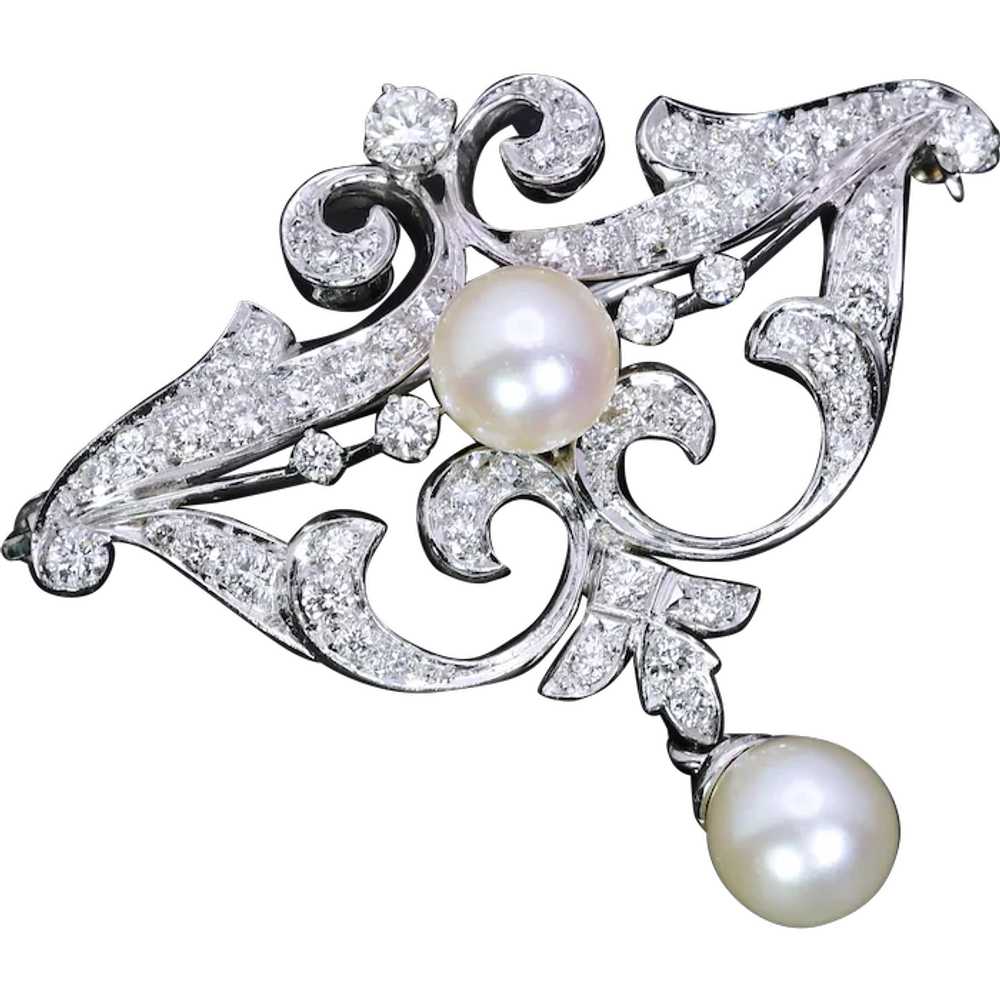 Pearl Diamond Platinum Fancy Brooch Vintage - image 1