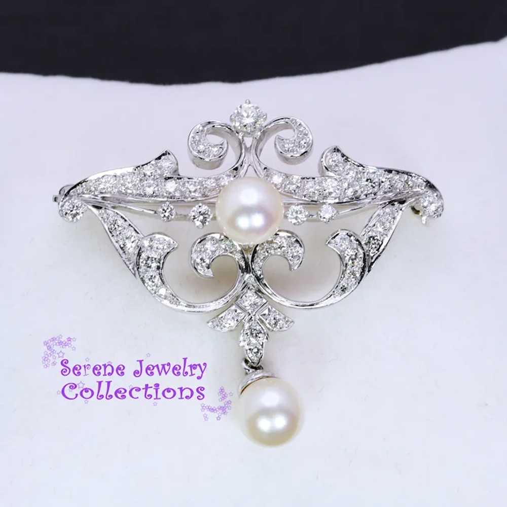 Pearl Diamond Platinum Fancy Brooch Vintage - image 3