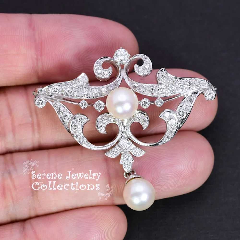 Pearl Diamond Platinum Fancy Brooch Vintage - image 5