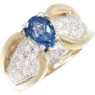 Pear Cut Blue Topaz Ring with Diamonds 14K 2-Tone 