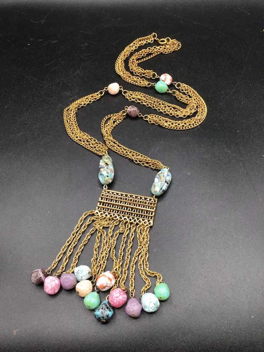 Statement Multi Chain Tassel Fringe Necklace Gold… - image 4