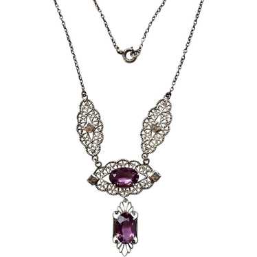 Edwardian Sterling Filigree and Amethyst Glass Ne… - image 1