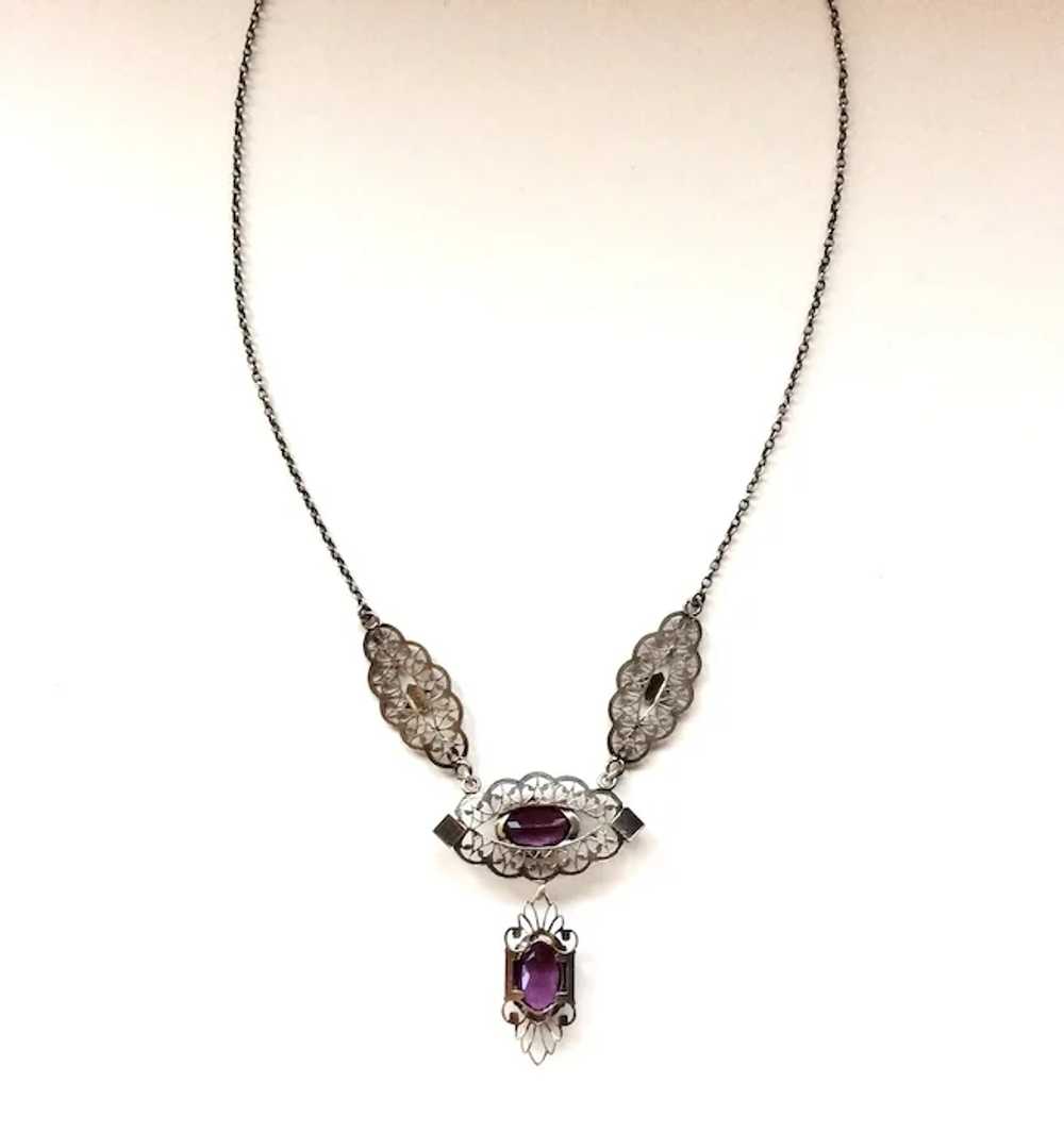 Edwardian Sterling Filigree and Amethyst Glass Ne… - image 2